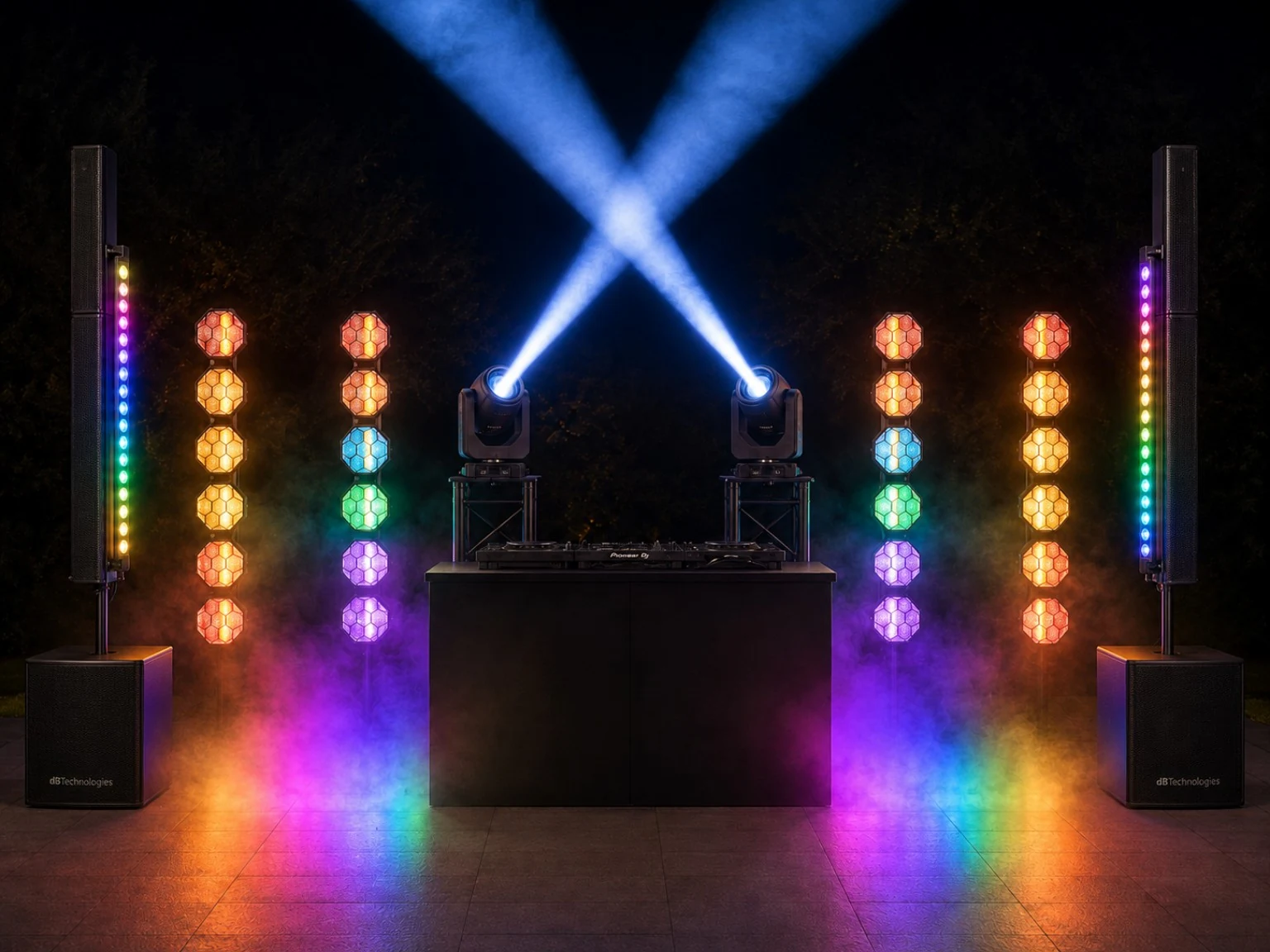 Orange Avenue DJ setup with speakers, lighting and effects